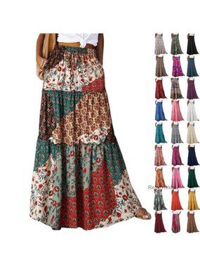 Boho Maxi Skirt Tiered Pleated High Waisted A-Line Flowy Beach Skirt